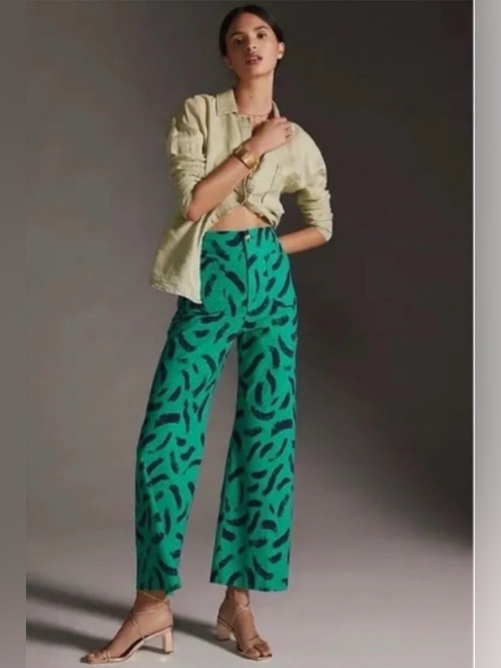 MAEVE The Colette Wide-Leg Crop Pants Green Blue Brush Stroke Print 31 - Picture 2 of 12